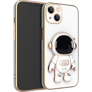 Apple iPhone 14 Plus Kılıf Kamera Korumalı Astronot Desenli Standlı Silikon Beyaz