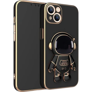 Apple iPhone 14 Plus Kılıf Kamera Korumalı Astronot Desenli Standlı Silikon Siyah