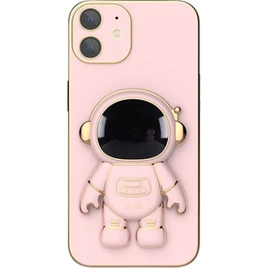 Apple iPhone 11 Kılıf Kamera Korumalı Astronot Desenli Standlı Silikon Pembe
