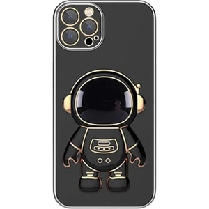 Apple iPhone 13 Pro Kılıf Kamera Korumalı Astronot Standlı Desenli Standlı Silikon Siyah