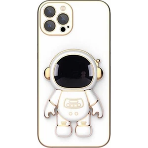 Apple iPhone 13 Pro Kılıf Kamera Korumalı Astronot Standlı Desenli Standlı Silikon Beyaz