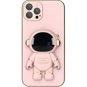 Apple iPhone 13 Pro Kılıf Kamera Korumalı Astronot Standlı Desenli Standlı Silikon Pembe