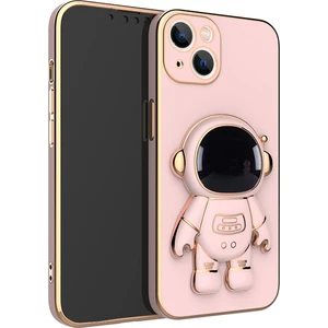 Apple iPhone 14 Plus Kılıf Kamera Korumalı Astronot Standlı Desenli Standlı Silikon Pembe