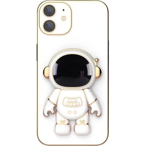 Apple iPhone 11 Kılıf Kamera Korumalı Astronot Standlı Desenli Standlı Silikon Beyaz