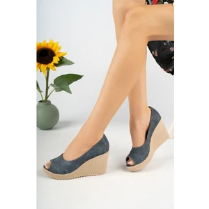 Dolgu Taban Önü Açık Lacivert Kot Kadın Ayakkabı