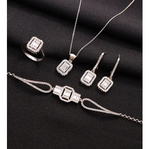 Miavi Silver 925 Ayar Gümüş Trapez Taşlı Kolye-Küpe-Yüzük-Bileklik Set