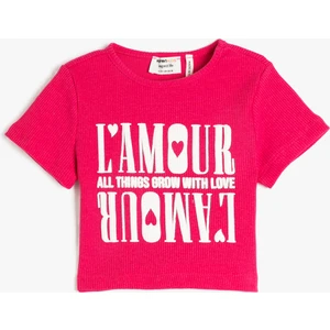 Crop Tişört Kısa Kollu Baskılı Bisiklet Yaka Fitilli