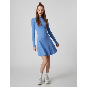 Triko Elbise Uzun Kollu Dik Yaka Fitilli