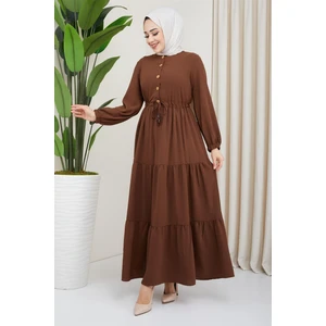 Hafsa Mina Büzgülü Düğmeli Ayrobin Elbise Kahverengi
