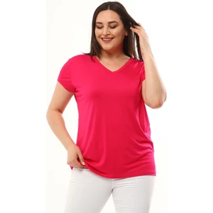 Kadın Büyük Beden V Yaka Basic Kısa Kollu Pembe Tişört10