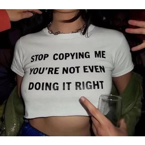 Touz Moda 'Stop Copying Me' Baskılı Beyaz Crop