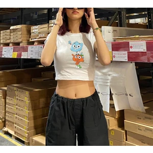 Touz Moda Gumball Baskılı Beyaz Crop