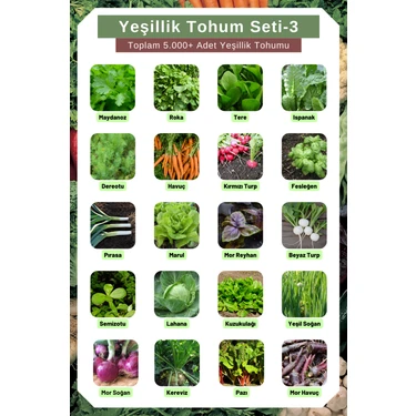 Yeşillik Tohum Seti-3, Toplam 5.000+ Adet Yeşillik Tohumu, 20 Çeşit Yeşillik