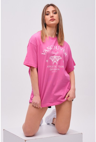 Giysa Fuşya Kadın Pamuk Vancouver Baskılı Oversize T-Shirt