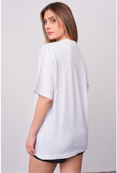 Giysa Beyaz Kadın Pamuk Hudson Valley Baskılı Oversize T-Shirt10