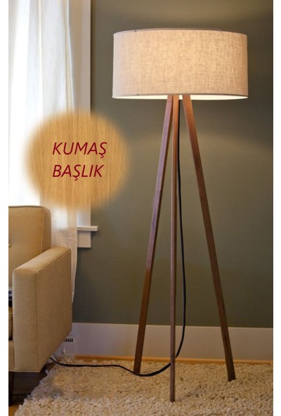 Tutta La Vita 3 Ayaklı Tripod Lambader Köşe Lambası Bej Başlık Ceviz Ayak