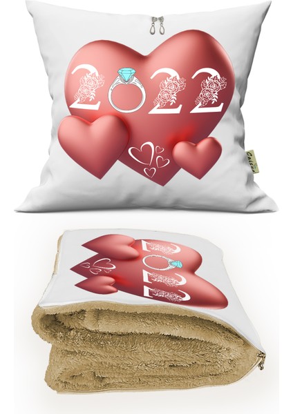 2022 Yıl Dönümü Hediyesi Baskılı Kişiye Özel Opsiyonel Battaniyeli Yastık Kırlent 2 In 1