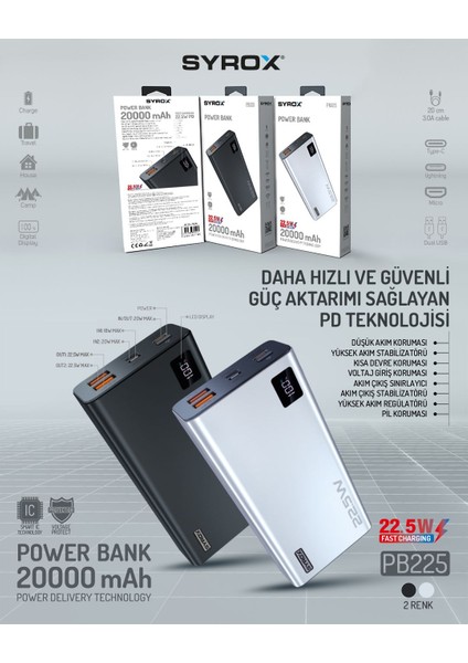 20000 Mah 22.5W Usb+Pd Hızlı Sarj Power Bank PB225 SİYAH-BEYAZ