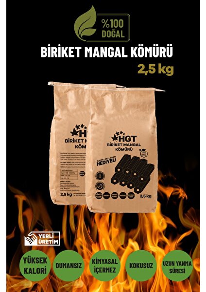 Briket Mangal Kömür Doğal Kimyasal Sız Presle Üretilmiş Dumansız Kokusuz Yüksek Isı 2,5 kg (Hediyeli)