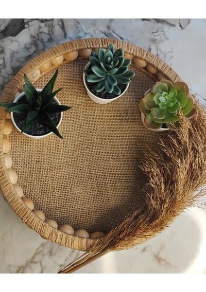 Ahşap Boncuklu Doğal Rafya Hasır Tepsi