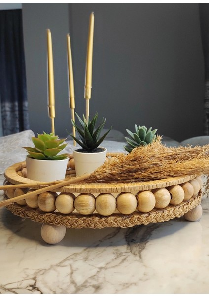 Ahşap Boncuklu Doğal Rafya Hasır Tepsi modelleri