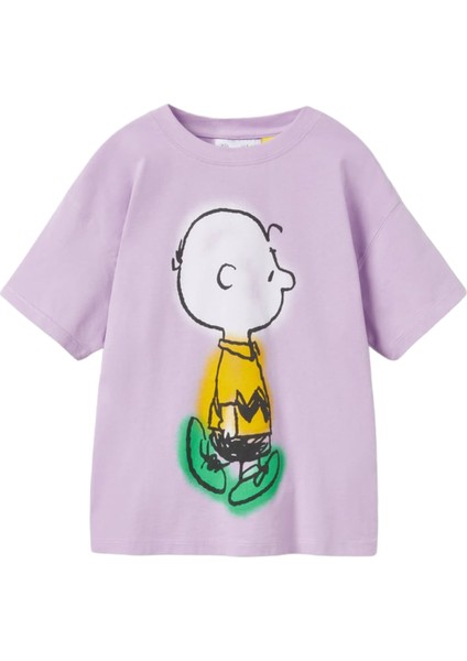 Snoopy Peanuts Desenli Bisiklet Yaka, Kısa Kollu T-Shirt Lila / Mor Renk