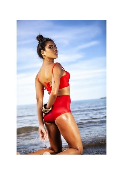 Kırmızı Yüksek Bel Bikini Alt Üst Takım fiyatları