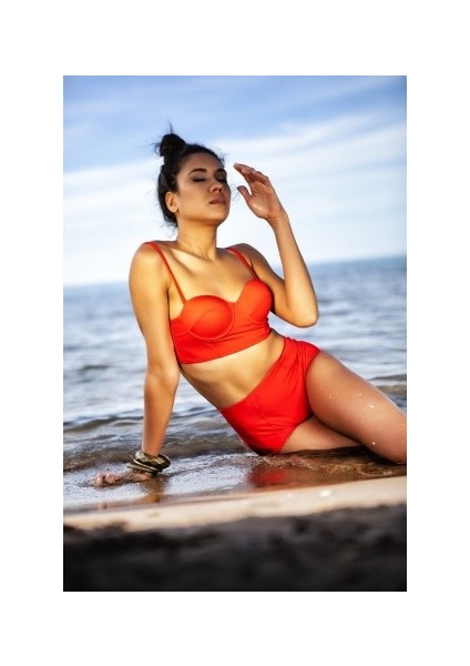 Kırmızı Yüksek Bel Bikini Alt Üst Takım modelleri