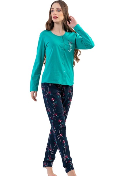 Pamuklu Tamamı Düğmeli Uzun Kol Pijama Takım