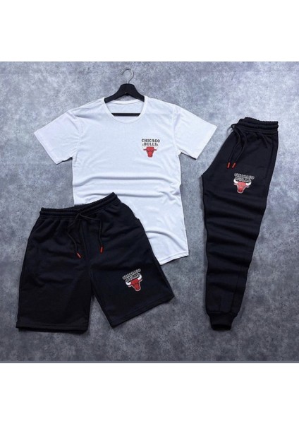 3'lü Unisex Yazlık Şort-Eşofman Altı-Tişört Slim Fit Bulls Baskılı Takım Kombin Alt Üst