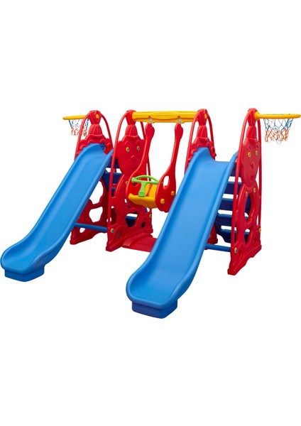 2 Kaydırak 1 Salıncak Set - Çocuk Oyun Parkı - Çocuk Salıncak - Çocuk Kaydırak - Anaokulu - Kreş - Kırmızı Model