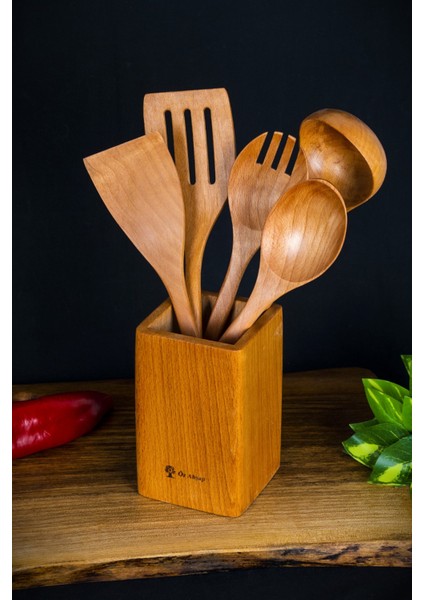 6 Parça ' Pro ‘ Bambu Temizlemesi Kolay Teak ( Tik ) Ağacı Kutulu Ahşap, Tahta Kaşık Mutfak Seti