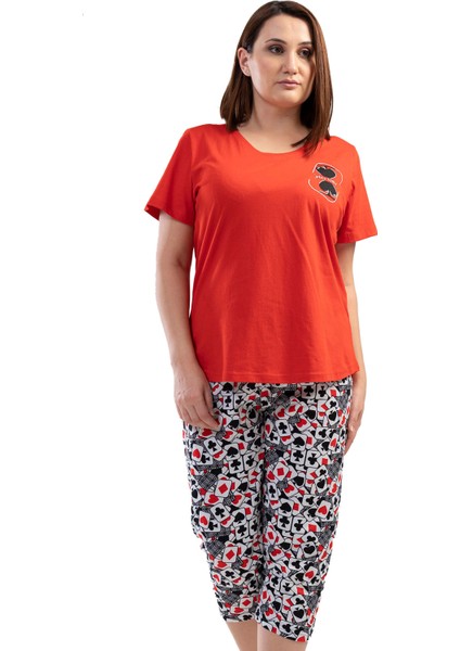 Pamuklu Büyük Beden Kısa Kol Kaprili Pijama Takım