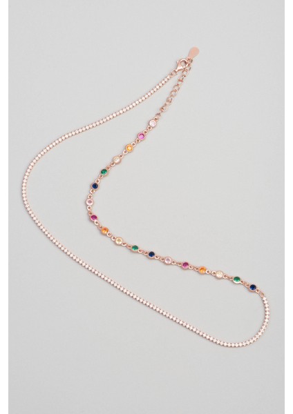 Gökkuşağı Renkli 18 Ayar Rose Altın Kaplama 45 cm Gümüş Su Yolu Kolye