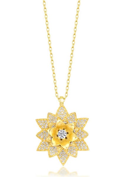 Gümüş Gold Beyaz Taşlı Lotus Çiçeği Kadın Kolye
