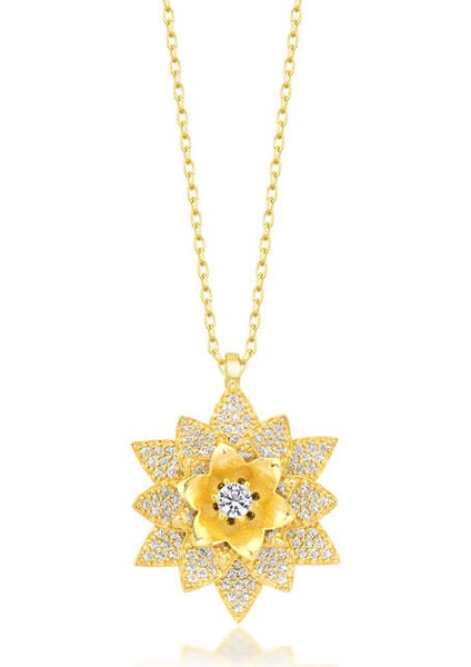 Gümüş Gold Beyaz Taşlı Lotus Çiçeği Kadın Kolye