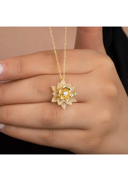 Gümüş Gold Beyaz Taşlı Lotus Çiçeği Kadın Kolye