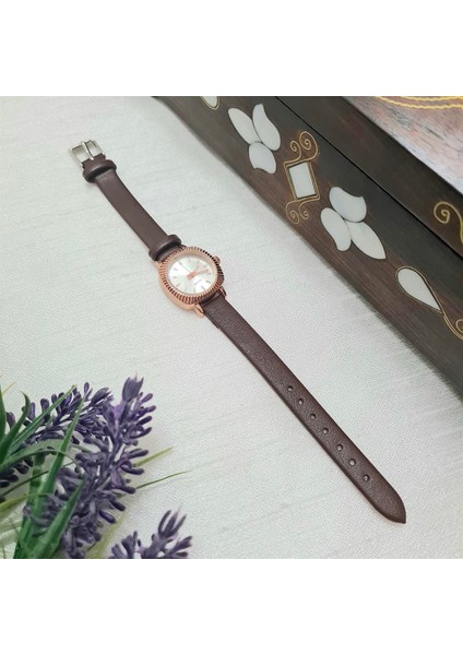 Marlas, Rose Gold Kasa, Kahverengi Deri Kordonlu, Vintage Kadın Kol Saati, Kadın Aksesuar, Minimal Tasarım, Retro Tasarım