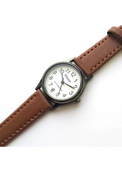 Retro Kadın Saati, Vintage Tasarım, Klasik, Siyah Kasa Rengi, Minimal Tasarım, Açık Kahverengi Kayış Kordon, Beyaz Kadran