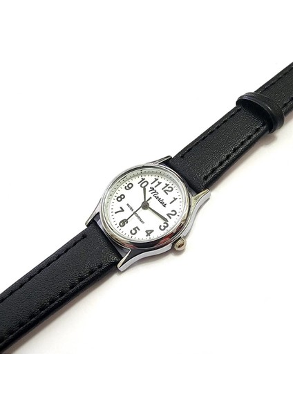 Retro Kadın Saati, Vintage Tasarım, Klasik, Gümüş Kasa Rengi, Minimal Tasarım, Siyah Kayış Kordon, Beyaz Kadran