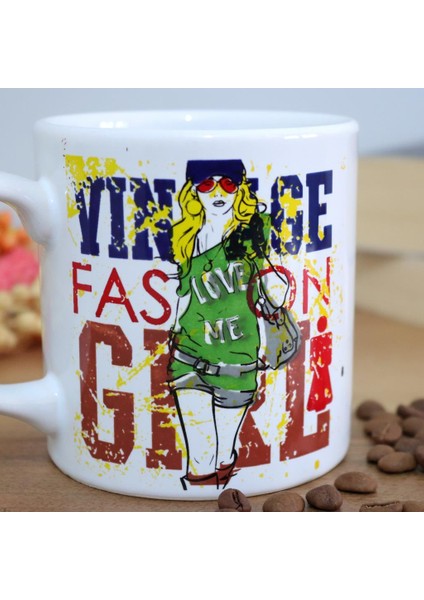 Vintage Fashion Girl Beyaz Silindir Kupa