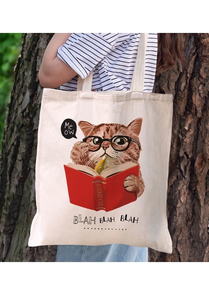Kedi Tasarımlı Kanvas Bez Çanta, Baskılı Omuz Çantası, Alışveriş Çantası, Plaj Çantası5