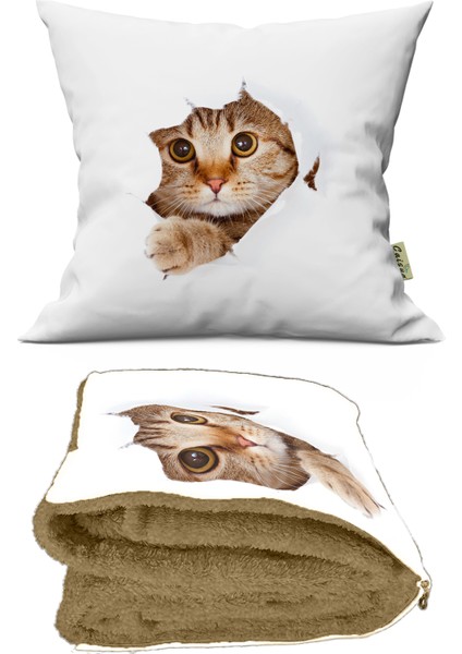 Sevimli Kedi Desenli Opsiyonel Battaniyeli Hediye Yastık 38X38CM