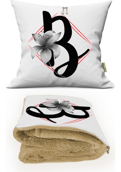 B Harfi Baskılı Kişiye Özel Hediye Dekoratif Yastık Opsiyonel Battaniye Hediye