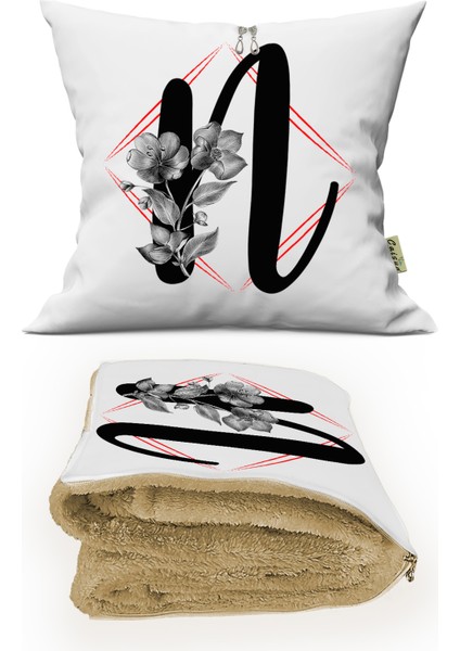 N Harfi Baskılı Kişiye Özel Hediye Dekoratif Yastık Opsiyonel Battaniye Hediye