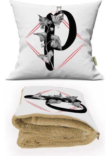 P Harfi Baskılı Kişiye Özel Hediye Dekoratif Yastık Opsiyonel Battaniye Hediye