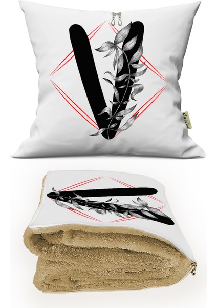 V Harfi Baskılı Kişiye Özel Hediye Dekoratif Yastık Opsiyonel Battaniye Hediye