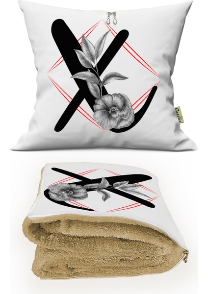 x Harfi Baskılı Kişiye Özel Hediye Dekoratif Yastık Opsiyonel Battaniye Hediye