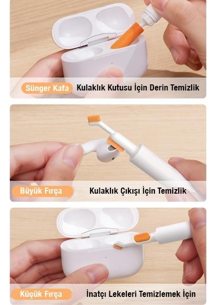 Yıkanabilir 3 Fırça Başlıklı Kulaklık Temizleme Fırçası Kulaklık Toz Alma Fırcası