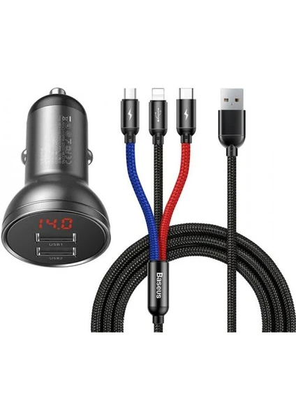 Dijital Göstergeli 4.8A 24W Çift USB Girişli Çakmaklık ve 1.2 Metre 3in1 Şarj ve Data Kablosu